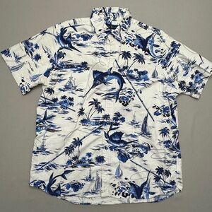 Ralph Lauren White Short-Sleeve Shirt with Blue Tropical Print large